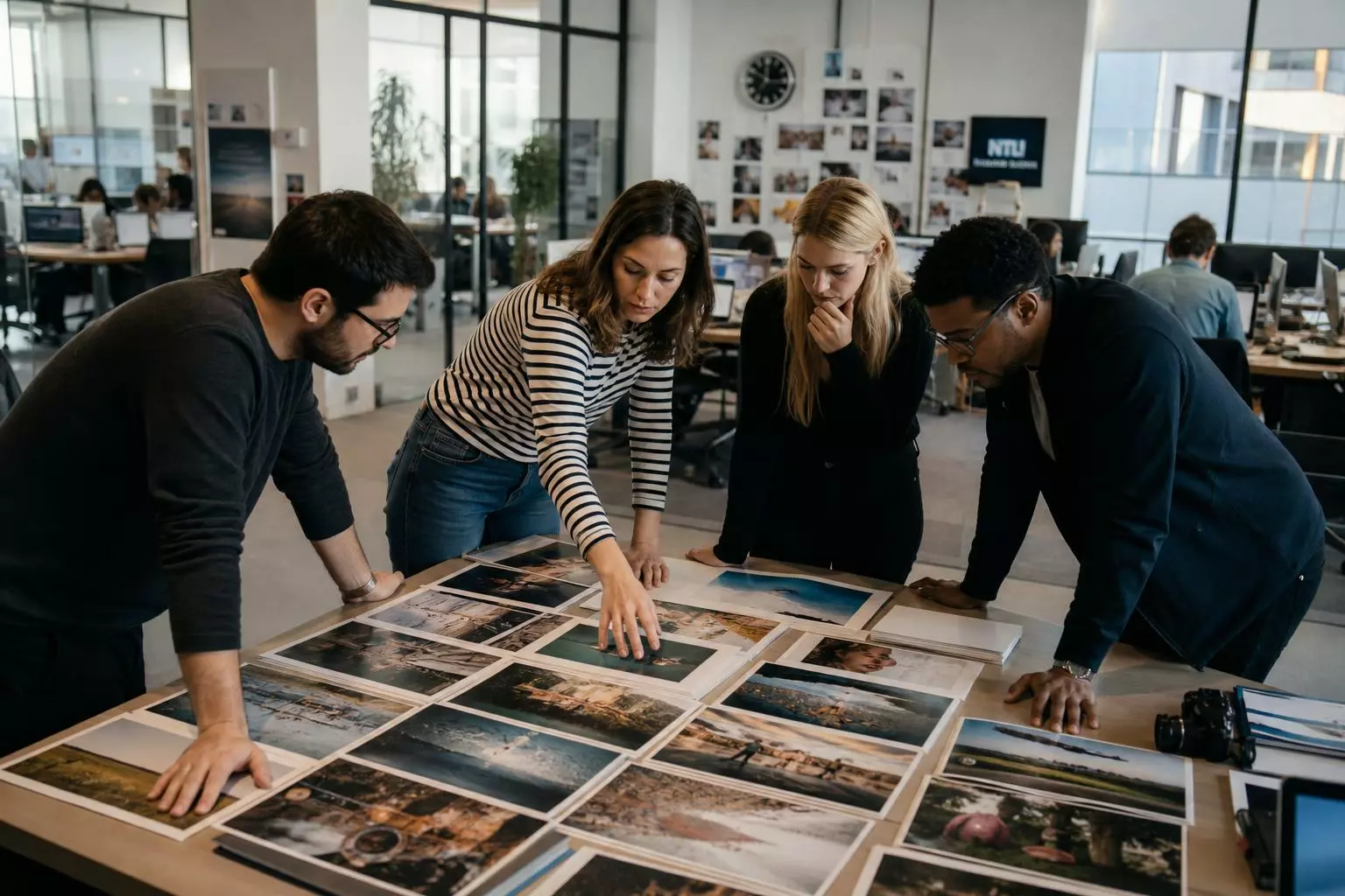 Une scène dynamique d'un bureau créatif, où des personnes travaillent sur des ordinateurs portables entourées de diverses œuvres d'art visuel. On peut y voir un écran affichant une plateforme de banque d'images avec des vignettes de photos libres de droits colorées et diverses. Les individus pourraient être engagés dans une discussion, tous souriants et collaboratifs, illustrant le concept d'échange d'idées et d'utilisation d'images libres de droits pour enrichir leurs projets.
