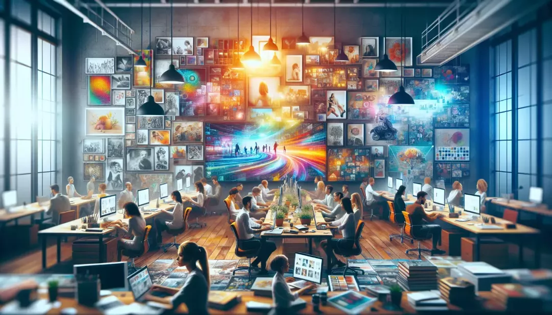 Une scène dynamique d'un bureau créatif, où des personnes travaillent sur des ordinateurs portables entourées de diverses œuvres d'art visuel. On peut y voir un écran affichant une plateforme de banque d'images avec des vignettes de photos libres de droits colorées et diverses. Les individus pourraient être engagés dans une discussion, tous souriants et collaboratifs, illustrant le concept d'échange d'idées et d'utilisation d'images libres de droits pour enrichir leurs projets.